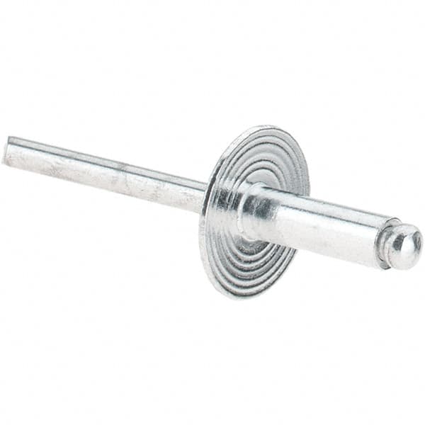 Value Collection - Size 66 Large Flange Dome Head Aluminum Open End Blind Rivet - Aluminum Mandrel, 0.251" to 3/8" Grip, 5/8" Head Diam, 0.192" to 0.196" Hole Diam, 0.575" Length Under Head, 3/16" Body Diam - Caliber Tooling