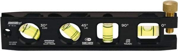 Johnson Level & Tool - Magnetic 6" Long 4 Vial Torpedo Level - Aluminum, Black, 1 30°, 1 45°, 1 Plumb & 1 Level Vial - Caliber Tooling