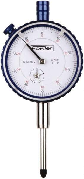 Fowler - 1" Range, 0-100 Dial Reading, 0.001" Graduation Dial Drop Indicator - 2-1/4" Dial, 0.1" Range per Revolution, Revolution Counter - Caliber Tooling