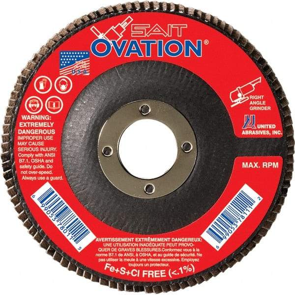 Sait - 40 Grit, 4-1/2" Disc Diam, 7/8" Center Hole, Type 27 Zirconia Alumina Flap Disc - 13,300 Max RPM, Fiberglass Backing, Arbor Attaching System, Coated - Caliber Tooling