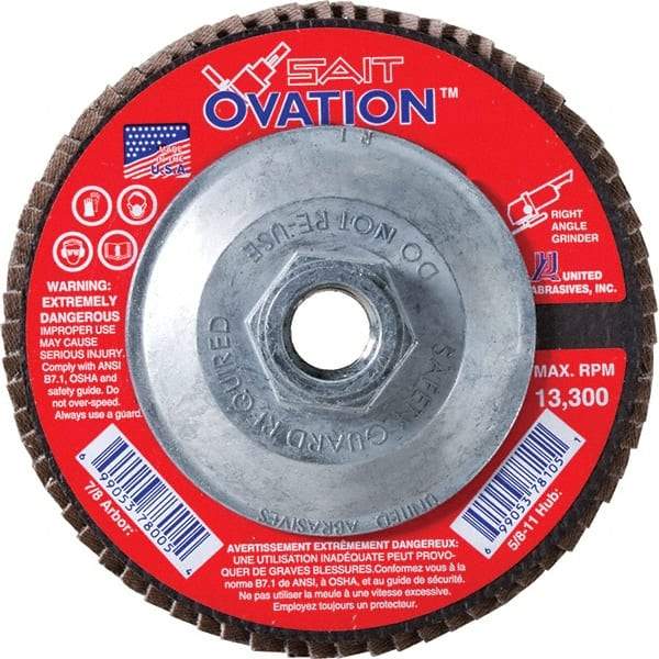 Sait - 80 Grit, 4-1/2" Disc Diam, 5/8-11 Center Hole, Type 27 Zirconia Alumina Flap Disc - 13,300 Max RPM, Fiberglass Backing, Arbor Attaching System, Coated - Caliber Tooling