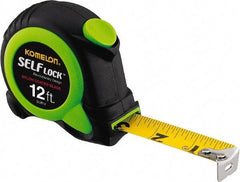 Komelon - 12' x 5/8" Yellow Steel Blade Tape Measure - 1/16" Graduation, Inch Graduation Style, High-Visibility Green/Black ABS Plastic Case - Caliber Tooling