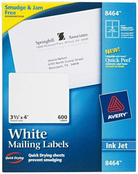 AVERY - 3.33" Wide x 4" Long, White Paper Shipping Label - For Inkjet Printers - Caliber Tooling