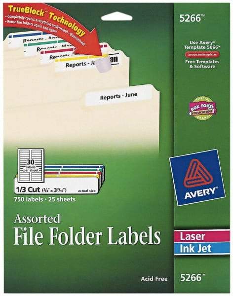 AVERY - 0.6" Wide x 3-7/16" Long, White/Blue/Green/Red/Yellow Paper File Folder Label - For Laser/Inkjet Printers - Caliber Tooling