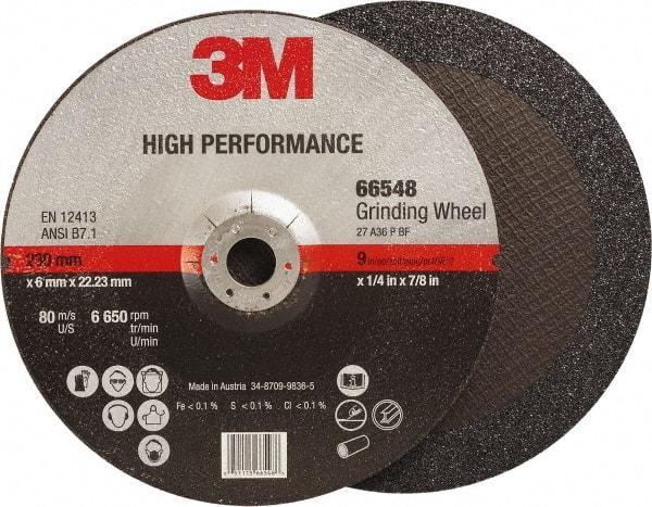 3M - 36 Grit, 9" Wheel Diam, 1/4" Wheel Thickness, 7/8" Arbor Hole, Type 27 Depressed Center Wheel - Ceramic, Resinoid Bond, 6,650 Max RPM, Compatible with Angle Grinder - Caliber Tooling