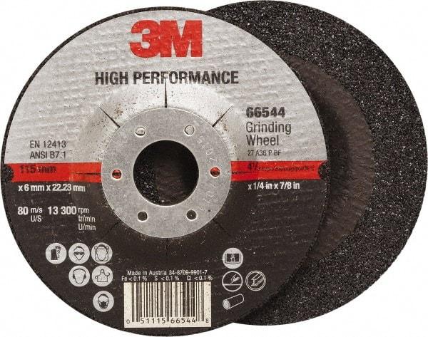 3M - 36 Grit, 4-1/2" Wheel Diam, 1/4" Wheel Thickness, 7/8" Arbor Hole, Type 27 Depressed Center Wheel - Ceramic, Resinoid Bond, 13,300 Max RPM, Compatible with Angle Grinder - Caliber Tooling