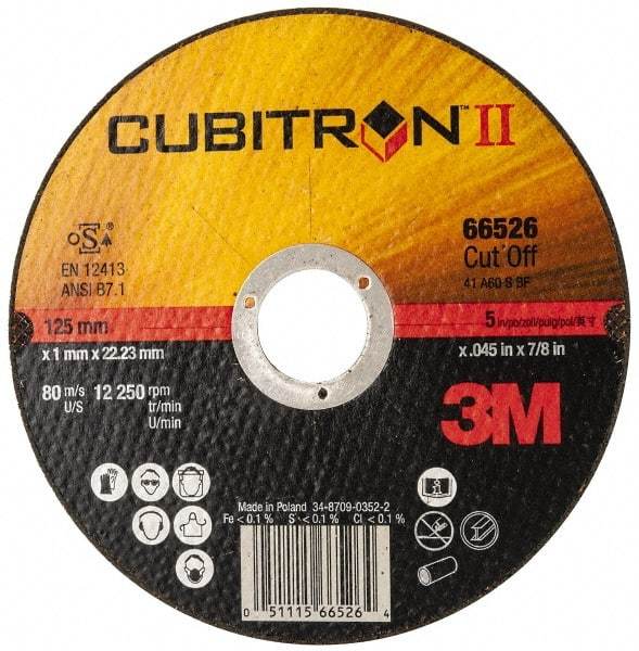 3M - 5" 60 Grit Ceramic Cutoff Wheel - 0.045" Thick, 7/8" Arbor, 12,250 Max RPM, Use with Angle Grinders - Caliber Tooling