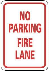 NMC - "No Parking - Fire Lane", 12" Wide x 18" High, Aluminum Fire Lane Signs - 0.08" Thick, Red on White, Engineer Grade Reflectivity, Rectangle, Post Mount - Caliber Tooling