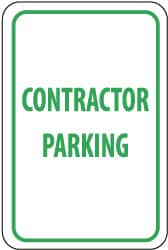 NMC - "Contractor Parking", 12" Wide x 18" High, Aluminum Reserved Parking Signs - 0.04" Thick, Green on White, Rectangle, Wall Mount - Caliber Tooling