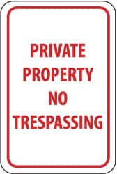 NMC - "Private Property - No Trespassing", 12" Wide x 18" High, Aluminum Parking Lot Traffic Signs - 0.04" Thick, Red on White, Rectangle, Post Mount - Caliber Tooling