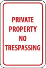 NMC - "Private Property - No Trespassing", 12" Wide x 18" High, Aluminum Parking Lot Traffic Signs - 0.063" Thick, Red on White, Rectangle, Post Mount - Caliber Tooling