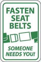 NMC - "Fasten Seat Belts - Someone Needs You!", "Seatbelt Buckle", 12" Wide x 18" High, Aluminum Warning & Safety Reminder Signs - 0.063" Thick, Green on White, Rectangle, Post Mount - Caliber Tooling