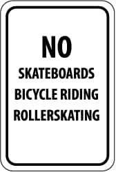 NMC - "No Skateboards Bicycle Riding Rollerskating", 12" Wide x 18" High, Aluminum Parking Lot Traffic Signs - 0.063" Thick, Black on White, Rectangle, Post Mount - Caliber Tooling