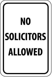 NMC - "No Solicitors Allowed", 12" Wide x 18" High, Aluminum Parking Lot Traffic Signs - 0.063" Thick, Black on White, Rectangle, Post Mount - Caliber Tooling