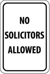 NMC - "No Solicitors Allowed", 12" Wide x 18" High, Aluminum Parking Lot Traffic Signs - 0.04" Thick, Black on White, Rectangle, Post Mount - Caliber Tooling