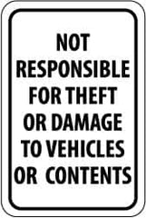 NMC - "Not Responsible for Theft or Damage to Vehicles or Contents", 12" Wide x 18" High, Aluminum Parking Lot Traffic Signs - 0.04" Thick, Black on White, Rectangle, Post Mount - Caliber Tooling