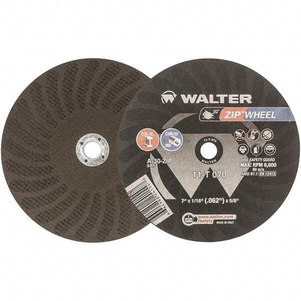 WALTER Surface Technologies - 7" 30 Grit Aluminum Oxide Cutoff Wheel - 1/16" Thick, 5/8" Arbor, 8,600 Max RPM, Use with Circular Saws - Caliber Tooling