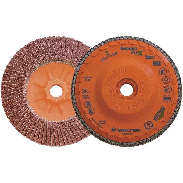 WALTER Surface Technologies - 80 Grit, 4-1/2" Disc Diam, 5/8-11 Center Hole, Zirconia Alumina Flap Disc - 13,300 Max RPM, Plastic Backing, Arbor Attaching System, Coated - Caliber Tooling