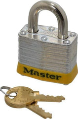 Master Lock - Keyed Different Retaining Key Conductive Lockout Padlock - 3/4" Shackle Clearance, 9/32" Shackle Diam, 1-1/4" Body Height x 1-9/16" Body Width, Yellow, 4 Pins - Caliber Tooling