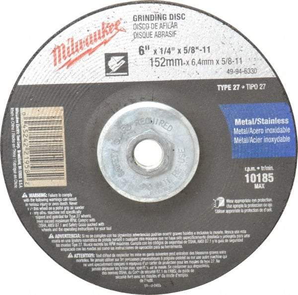 Milwaukee Tool - 24 Grit, 6" Wheel Diam, 1/4" Wheel Thickness, Type 27 Depressed Center Wheel - Aluminum Oxide, Resinoid Bond, R Hardness, 10,185 Max RPM, Compatible with Angle Grinder - Caliber Tooling