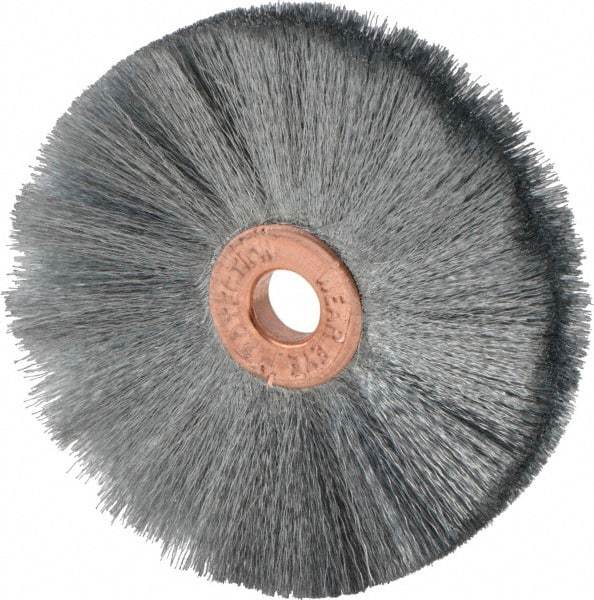 Weiler - 2" OD, 1/4" Arbor Hole, Crimped Steel Wheel Brush - 3/8" Face Width, 3/4" Trim Length, 0.003" Filament Diam, 20,000 RPM - Caliber Tooling