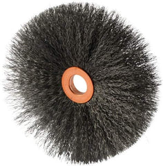 Weiler - 4" OD, 1/2" Arbor Hole, Crimped Steel Wheel Brush - 1/2" Face Width, 1-1/2" Trim Length, 0.006" Filament Diam, 20,000 RPM - Caliber Tooling