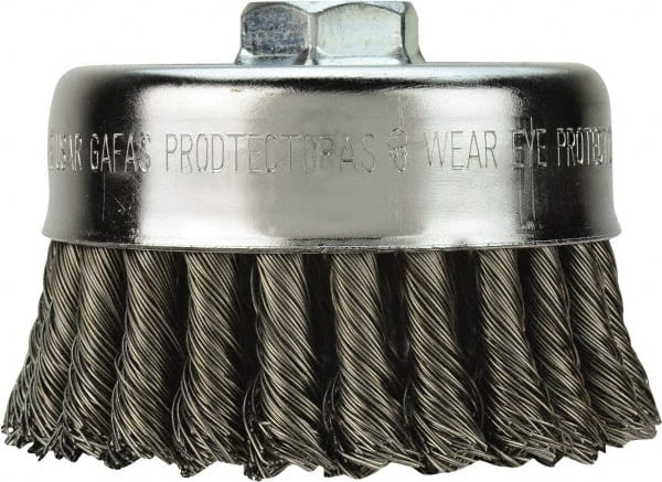 Cup Brush: 3-1/2″ Dia, 0.023″ Wire Dia, Steel, Knotted 5/8-11 Arbor Hole, 7/8″ Trim Length, 13,000 Max RPM