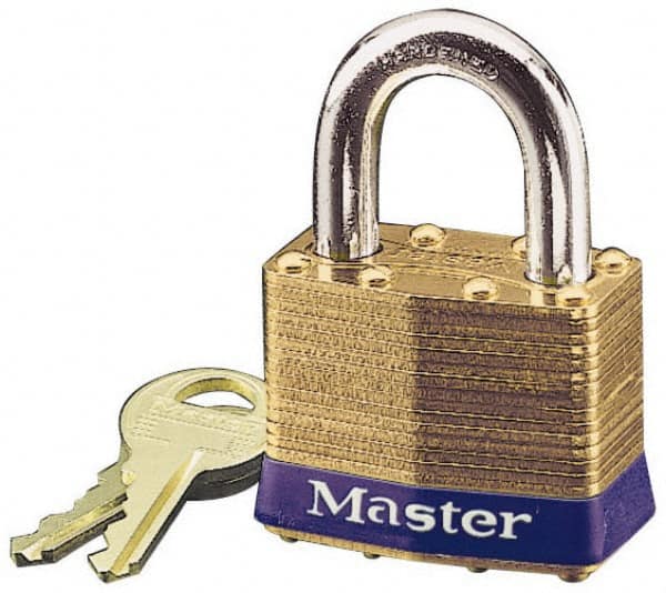 Master Lock - 15/16" Shackle Clearance, Keyed Different Laminated Brass Padlock - 5/16" Shackle Diam, Brass - Caliber Tooling