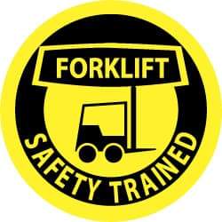 NMC - Forklift Safety Trained, Hard Hat Label - Black on Yellow, 2" Thick, For Accident Prevention - Caliber Tooling