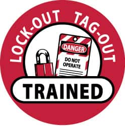 NMC - Lock-Out Tag-Out Trained, Hard Hat Label - Black & White on Red, 2" Thick, For Accident Prevention - Caliber Tooling