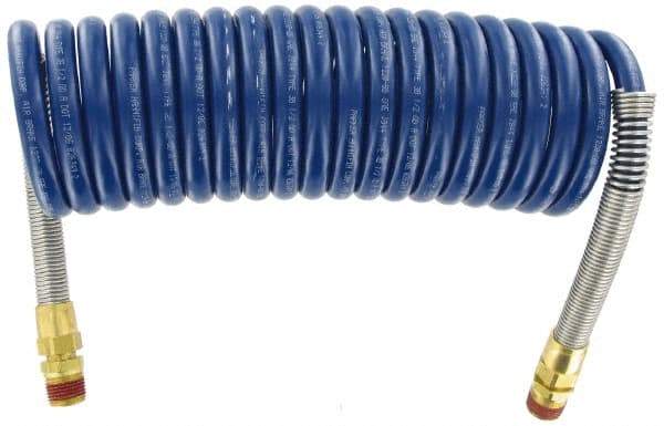 Parker - 3/8" ID, 1/2 x 1/2 Thread, 15' Long, Blue SAE J844 Type B Nylon Coiled & Self Storing Hose - 150 Max psi, Parker NTA Brass Fittings - Caliber Tooling