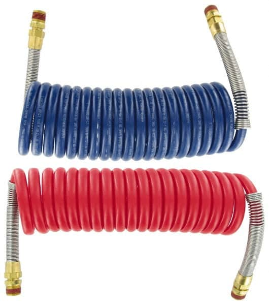 Parker - 3/8" ID, 1/2 x 1/2 Thread, 15' Long, (1) Red & (1) Blue SAE J844 Type B Nylon Coiled & Self Storing Hose - 150 Max psi, Parker NTA Brass Fittings - Caliber Tooling