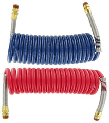 Parker - 3/8" ID, 1/2 x 1/2 Thread, 15' Long, (1) Red & (1) Blue SAE J844 Type B Nylon Coiled & Self Storing Hose - 150 Max psi, Parker NTA Brass Fittings - Caliber Tooling