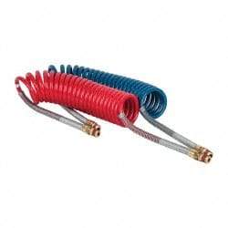 Parker - 3/8" ID, 1/2 x 1/2 Thread, 15' Long, (1) Red & (1) Blue SAE J844 Type B Nylon Coiled & Self Storing Hose - 150 Max psi, Parker NTA Brass Fittings - Caliber Tooling