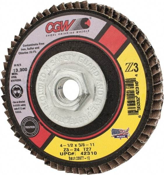 Camel Grinding Wheels - 24 Grit, 4-1/2" Disc Diam, 5/8-11 Center Hole, Type 27 Zirconia Alumina Flap Disc - 13,300 Max RPM, Poly Cotton Backing, Arbor Attaching System, Coated - Caliber Tooling