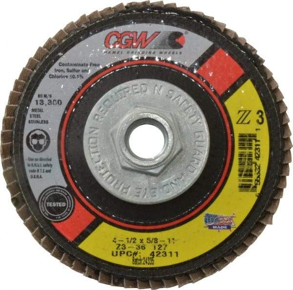 Camel Grinding Wheels - 36 Grit, 4-1/2" Disc Diam, 5/8-11 Center Hole, Type 27 Zirconia Alumina Flap Disc - 13,300 Max RPM, Poly Cotton Backing, Arbor Attaching System, Coated - Caliber Tooling