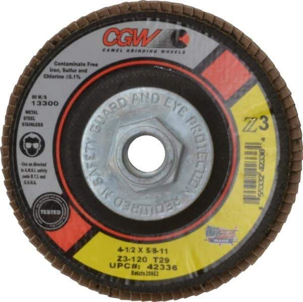 Camel Grinding Wheels - 120 Grit, 4-1/2" Disc Diam, 5/8-11 Center Hole, Type 29 Zirconia Alumina Flap Disc - 13,300 Max RPM, Poly Cotton Backing, Arbor Attaching System, Coated - Caliber Tooling