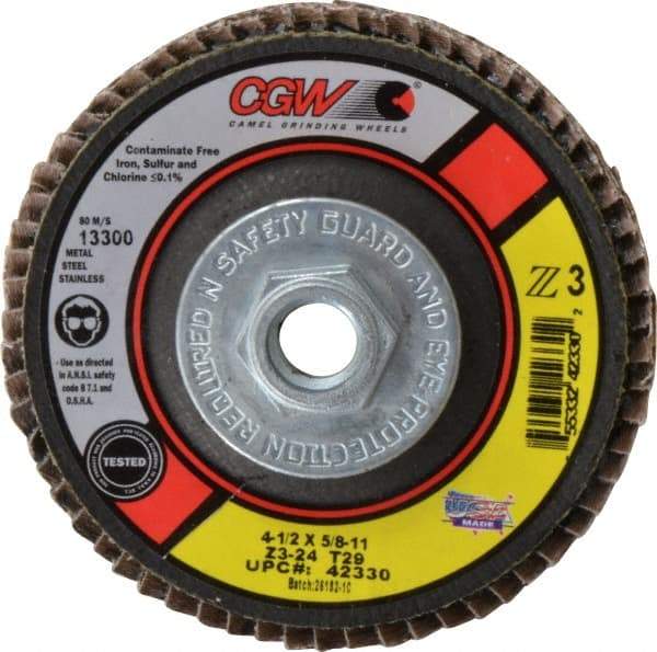 Camel Grinding Wheels - 24 Grit, 4-1/2" Disc Diam, 5/8-11 Center Hole, Type 29 Zirconia Alumina Flap Disc - 13,300 Max RPM, Poly Cotton Backing, Arbor Attaching System, Coated - Caliber Tooling