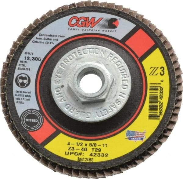 Camel Grinding Wheels - 40 Grit, 4-1/2" Disc Diam, 5/8-11 Center Hole, Type 29 Zirconia Alumina Flap Disc - 13,300 Max RPM, Poly Cotton Backing, Arbor Attaching System, Coated - Caliber Tooling