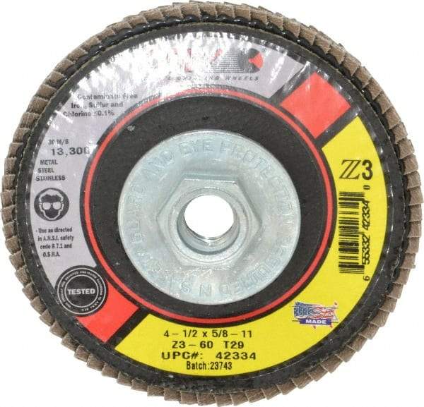 Camel Grinding Wheels - 60 Grit, 4-1/2" Disc Diam, 5/8-11 Center Hole, Type 29 Zirconia Alumina Flap Disc - 13,300 Max RPM, Poly Cotton Backing, Arbor Attaching System, Coated - Caliber Tooling