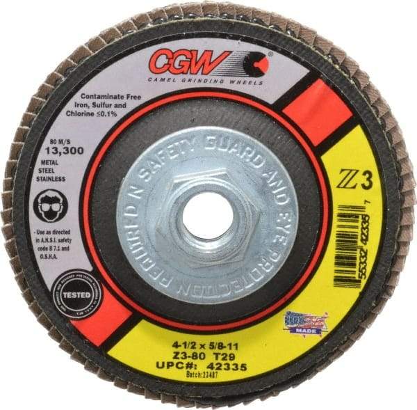 Camel Grinding Wheels - 80 Grit, 4-1/2" Disc Diam, 5/8-11 Center Hole, Type 29 Zirconia Alumina Flap Disc - 13,300 Max RPM, Poly Cotton Backing, Arbor Attaching System, Coated - Caliber Tooling