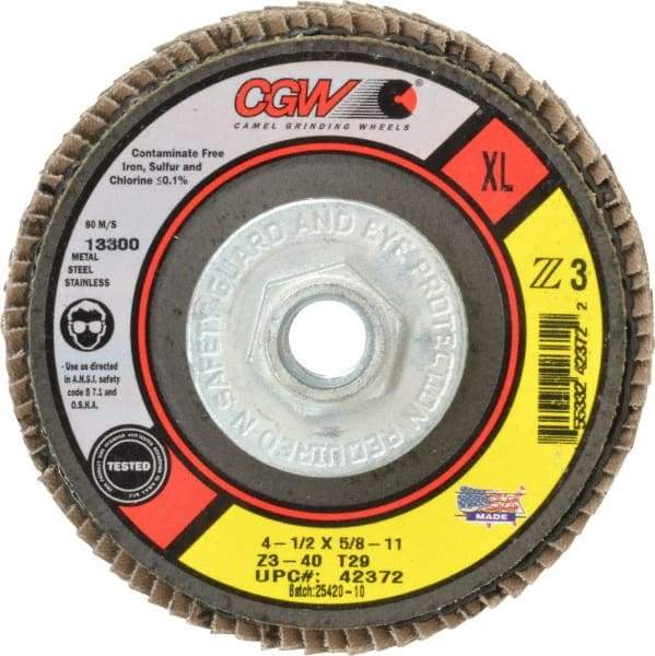 Camel Grinding Wheels - 40 Grit, 4-1/2" Disc Diam, 5/8-11 Center Hole, Type 29 Zirconia Alumina Flap Disc - 13,300 Max RPM, Poly Cotton Backing, Arbor Attaching System, Coated - Caliber Tooling