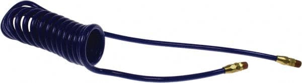 Coilhose Pneumatics - 1/4" ID, 1/4 Thread, 15' Long, Blue Polyurethane Coiled & Self Storing Hose - 125 Max psi, Male Swivel x Male Swivel - Caliber Tooling