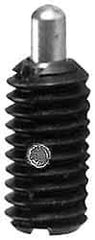 Jergens - 6-32, 3/8" Thread Length, 1/16" Plunger Projection, Steel Threaded Spring Plunger - 0.046" Max Plunger Diam, 3/8" Plunger Length, 0.5 Lb Init End Force, 1.5 Lb Final End Force - Caliber Tooling