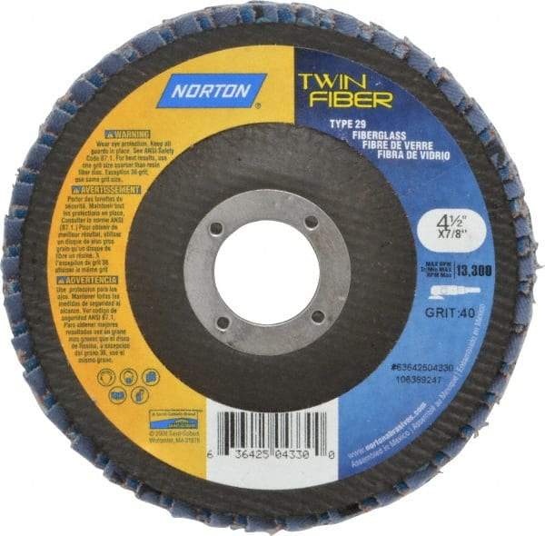 Norton - 40 Grit, 4-1/2" Disc Diam, 7/8" Center Hole, Type 29 Ceramic Flap Disc - 13,000 Max RPM, Fiberglass Backing, Arbor Attaching System, Coated - Caliber Tooling