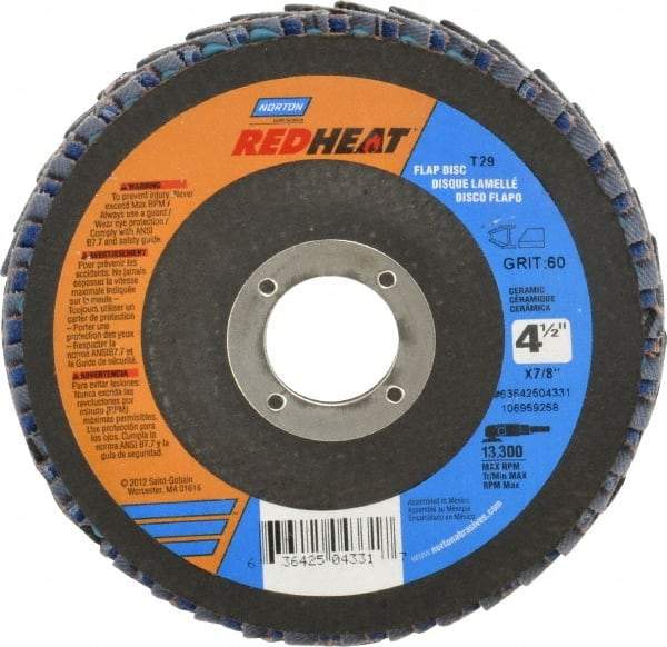 Norton - 60 Grit, 4-1/2" Disc Diam, 7/8" Center Hole, Type 29 Ceramic Flap Disc - 13,000 Max RPM, Fiberglass Backing, Arbor Attaching System, Coated - Caliber Tooling