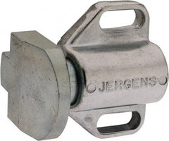 Jergens - 2" Body Width x 1-3/8" Body Len, 1/4" Stroke Len, 1-1/2" Btw Mt Hole Ctrs, Tang Square Spring Locating Stop - 32 Lb Mid End Force, 1-1/4" Stop Head Width x 1-1/2" Stop Head Height - Caliber Tooling