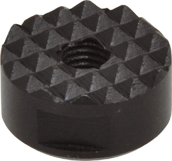 Fairlane - 1/4-28 Thread, 3/4" Diam, 3/8" High, Threaded, Fine Tooth Grade Diamond Serration Tooth Pattern, High Speed Steel, Round Positioning Gripper - 3/16" Flat Width, Black Oxide Coated - Caliber Tooling