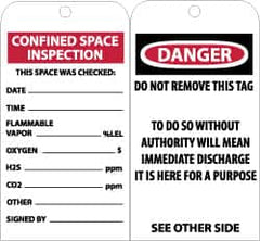 NMC - 3" High x 6" Long, CONFINED SPACE INSPECTION-THIS SPACE WAS CHECKED, English Safety & Facility Accident Prevention Tag - Tag Header: Danger, 2 Sides, Black & White Unrippable Vinyl - Caliber Tooling