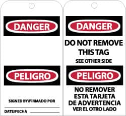 NMC - 3" High x 6" Long, DANGER - SIGNED BY___, English & Spanish Safety & Facility Accident Prevention Tag - Tag Header: Danger, 2 Sides, Black, Red & White Unrippable Vinyl - Caliber Tooling